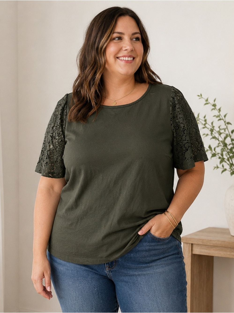 LOFT Olive Lace-Sleeve Short-Sleeve Tee